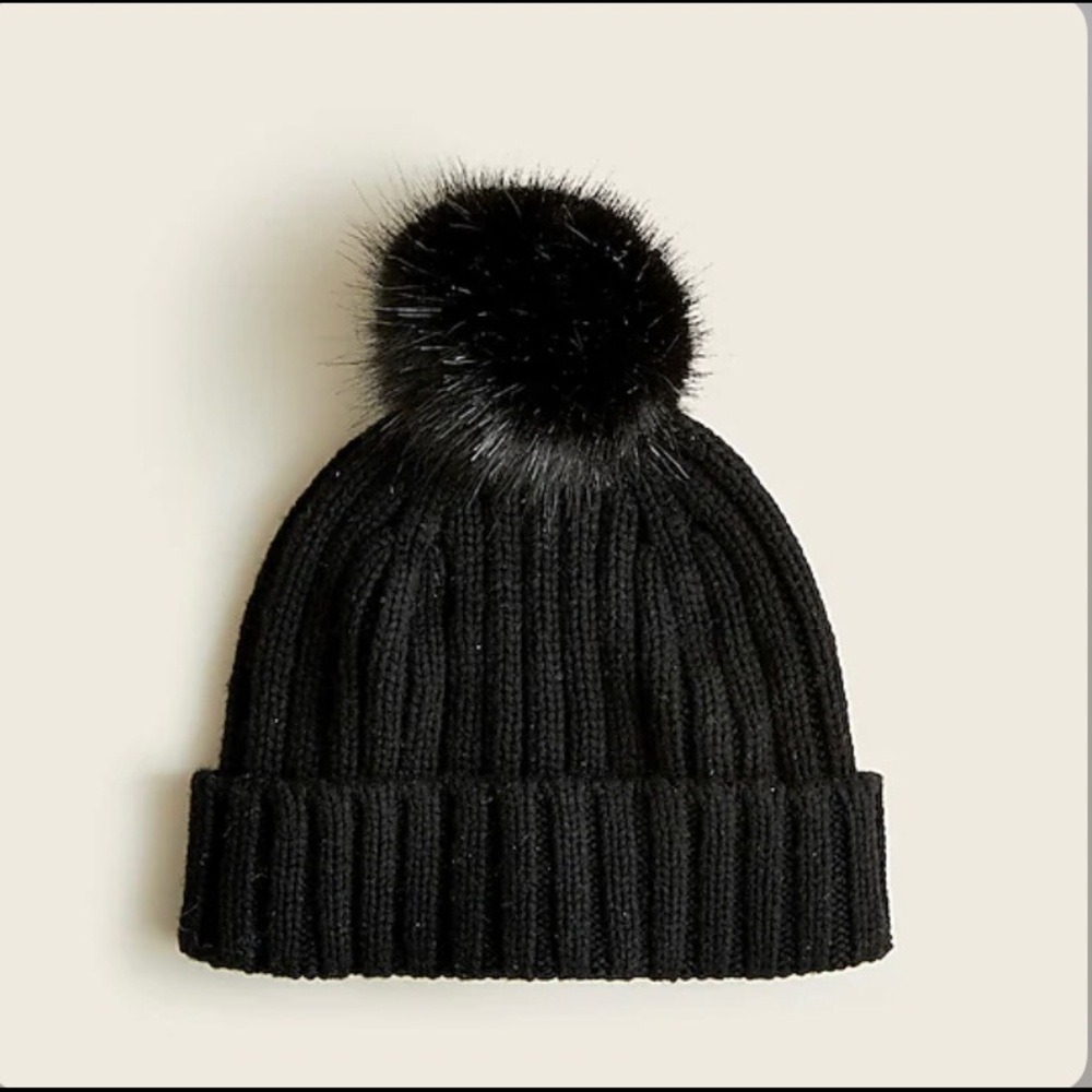 NWT J. Crew Ribbed Beanie with Faux-Fur Pom-Pom